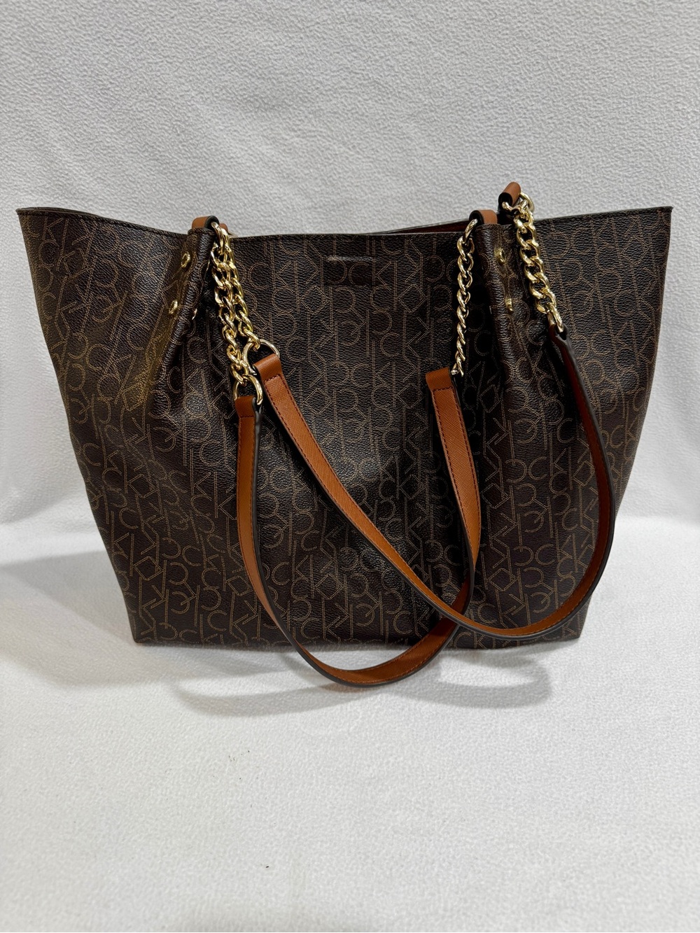 Calvin Klein Dark Brown Monogram Tote with Gold Chain Detail
